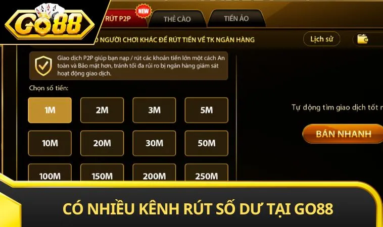 Có nhiều kênh rút số dư tại GO88