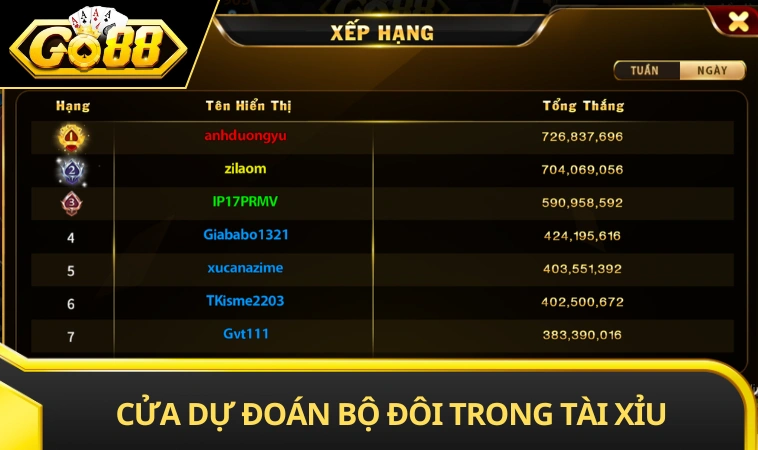 Cửa dự đoán bộ đôi trong tài xỉu